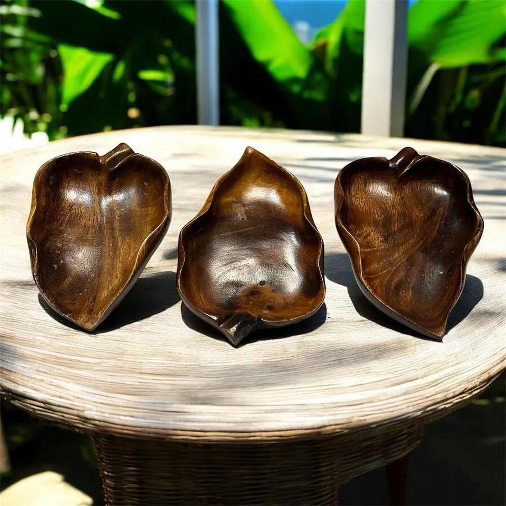 Vintage Monkey‎ Pod Wood Leaf Bowls Set of 3 Hawaii Serving Dishes MCM